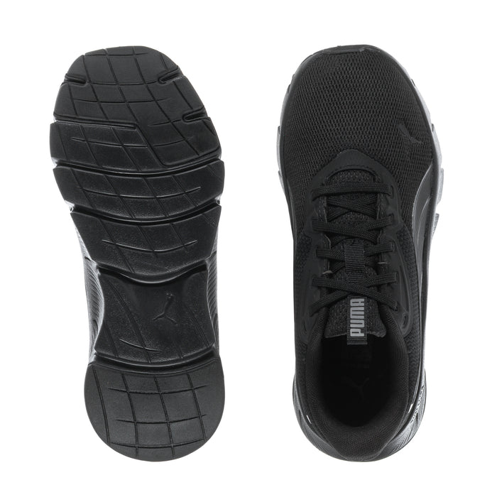 Black running shoe set with textured outsole and Puma logo on tongue.