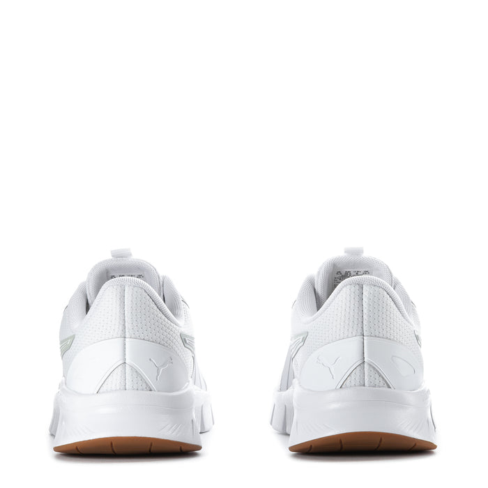 White knit running shoes for women, heel view with gum rubber sole