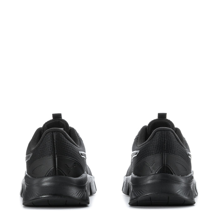 Black running shoes, rear view with cushioned heel and lace-up mesh upper.