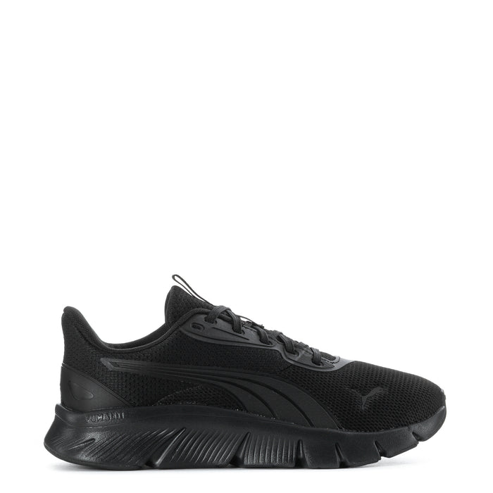 Black athletic sneaker with lace-up closure and ribbed tread sole