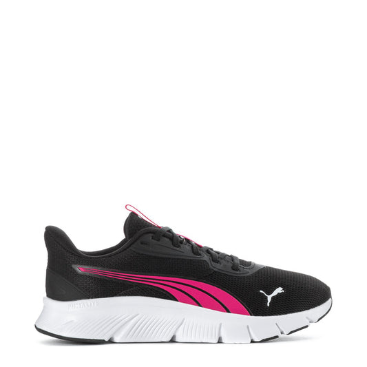 Youth black running shoes with pink Puma logo and white midsole
