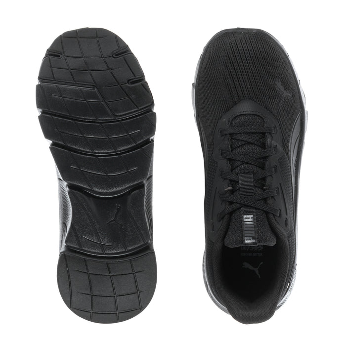 Black sneakers shown from outsole and top views, with lace-up upper and tread