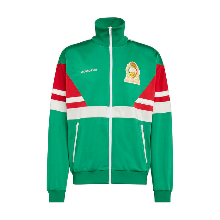 Men's green track jacket with full zip, stand collar, red/white striped sleeves