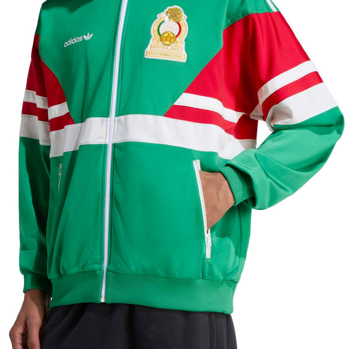 Green zip track jacket with white stripes and red side panels, stand collar