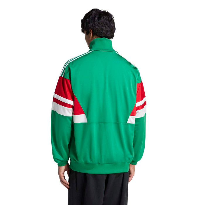 Green track jacket back view with red/white sleeve stripes and zip