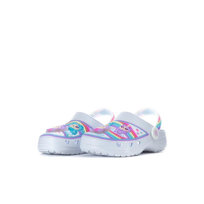 Kids slip-on clogs pair, white uppers with rainbow trim and heart details