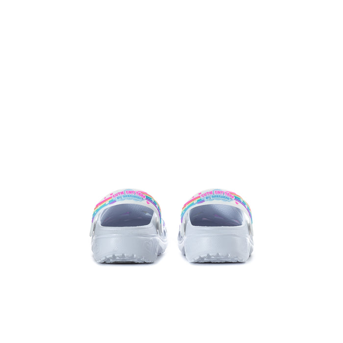 Kids slip-on clogs rear view, white with rainbow trim around openings