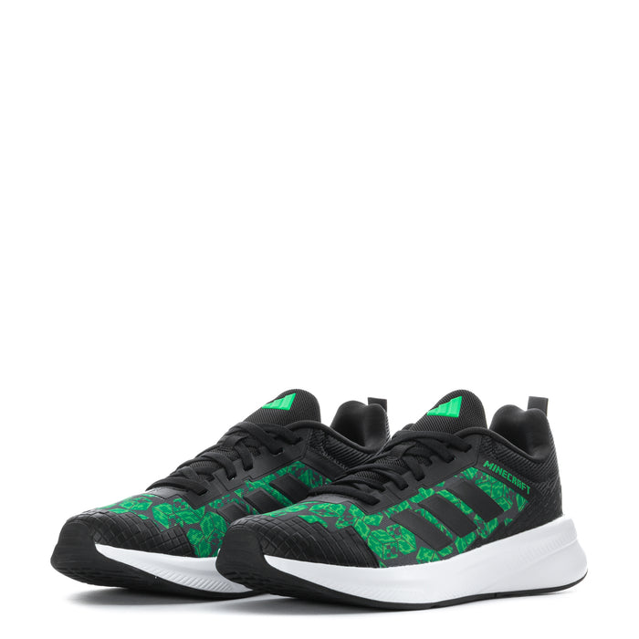 Youth sneakers front view, black and green Minecraft-style graphics, lace-up