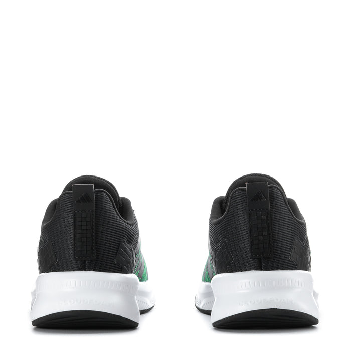 Youth sneakers heel view, black knit upper with green accents and white midsole