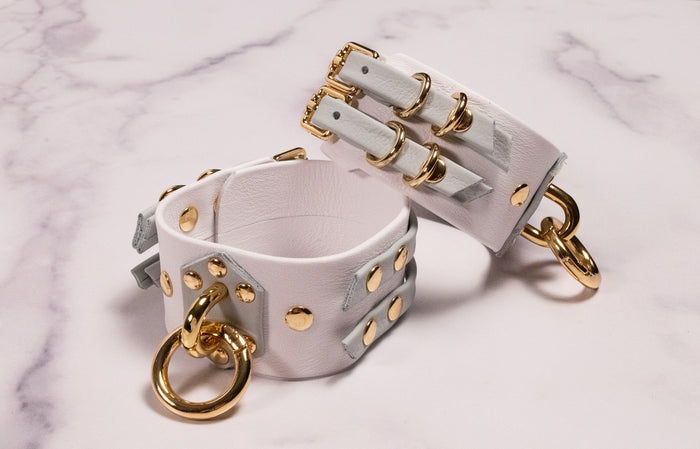 "FORTRESS" - 6" - 8" White, Slate & Gold Leather Cuffs _ LIMITED _
