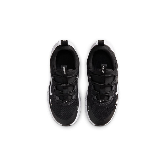 Kids' black lace-up sneakers, front and heel view with cushioned collar