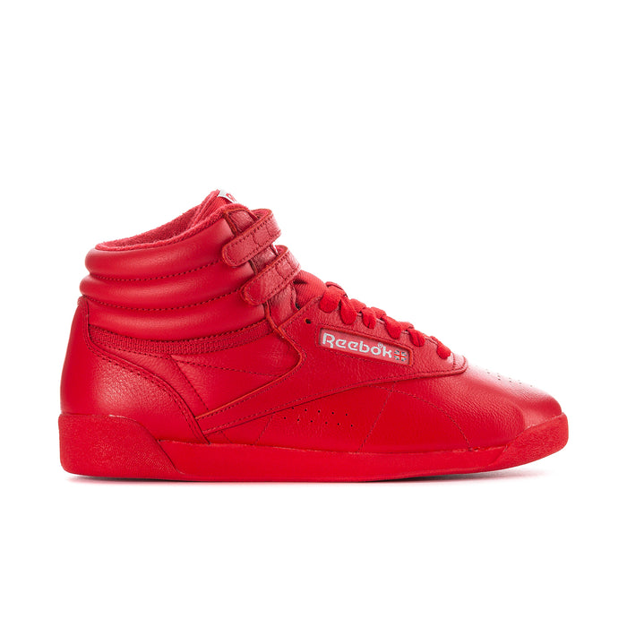 Women’s high-top sneaker in red leather with hook-and-loop strap and laces