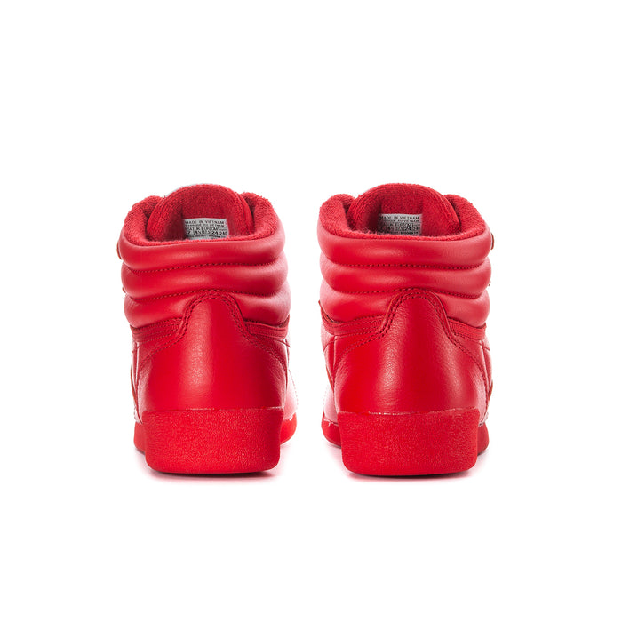 Red high-top sneakers, rear view with padded heel collars