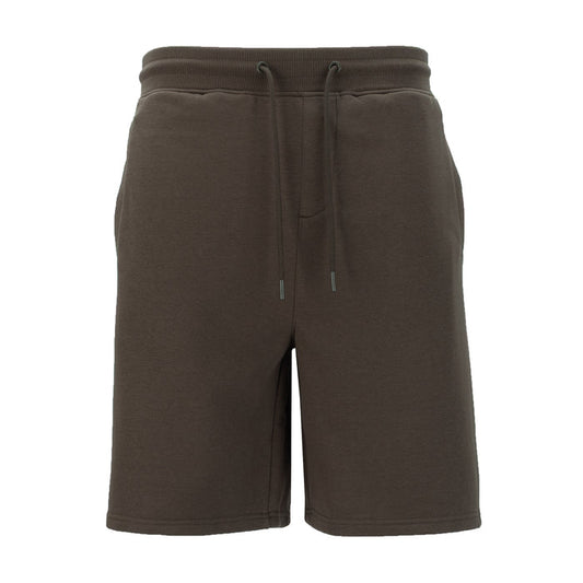 Men's french terry shorts in dark brown, elastic waistband with drawstring, front view.