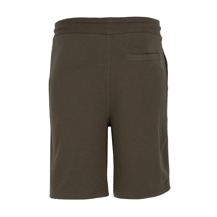 Men's olive French terry shorts with back welt pocket and elastic waist