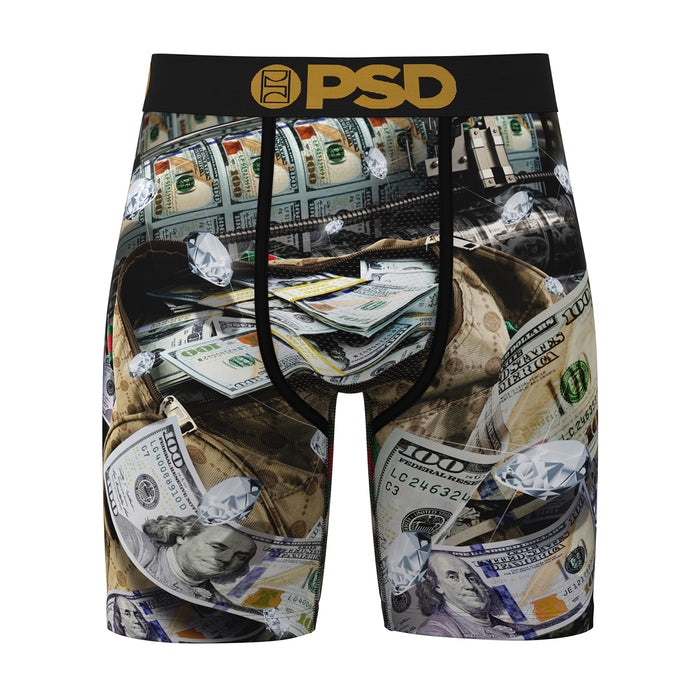 Men's black boxer briefs with all-over cash dollar print and black waistband.