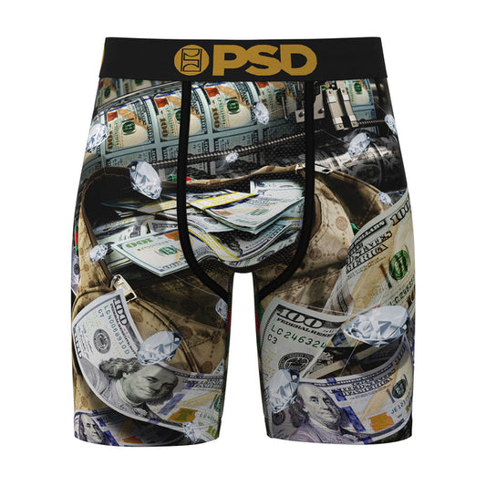 Men's black boxer briefs with all-over cash dollar print and black waistband.