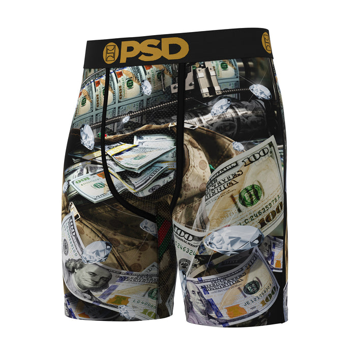 Men's black boxer briefs with all-over cash dollar print, front view with pouch.