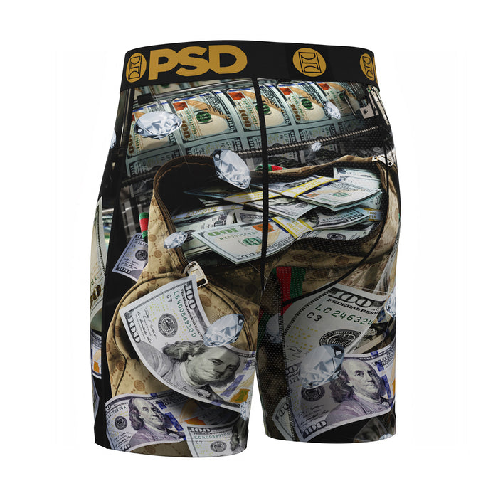 Men's black boxer briefs with dense cash collage print and black elastic waistband.