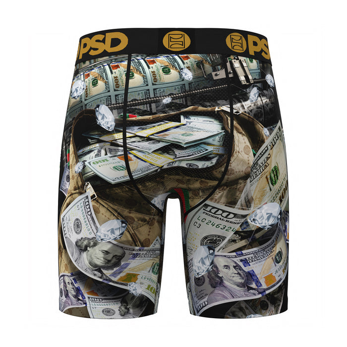 Men's black boxer briefs with cash-dollar print and black waistband with PSD logo.