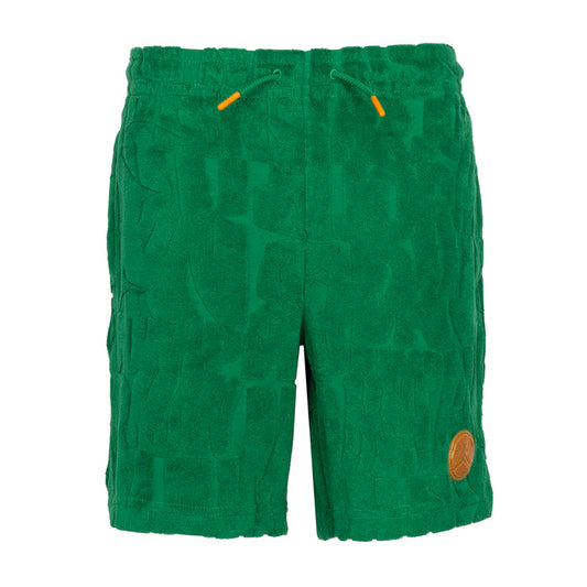 Youth pine green fleece shorts with elastic waistband, drawstring, and side pockets