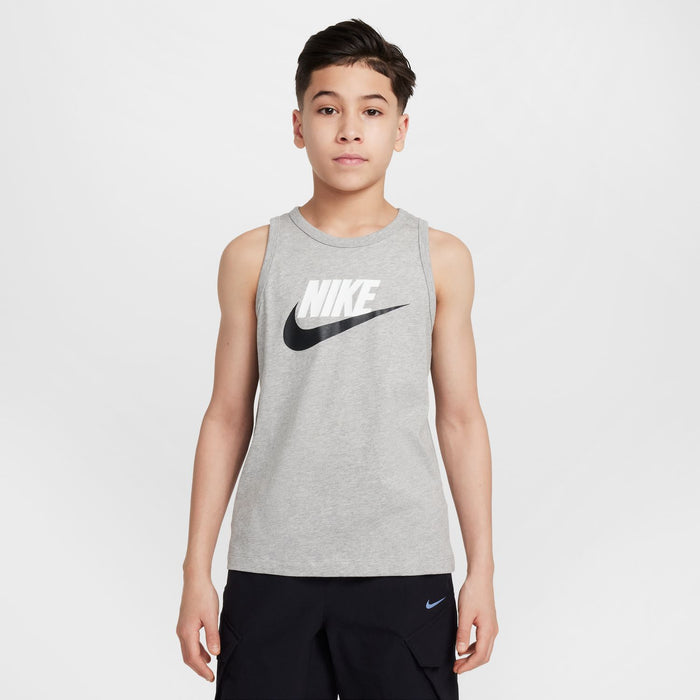 Youth Nike tank top, dark grey heather, crew neck and front swoosh graphic
