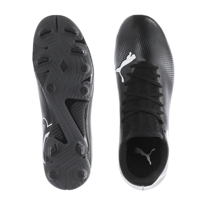 Pair of youth black soccer cleats: outsole and inside view with Puma logo