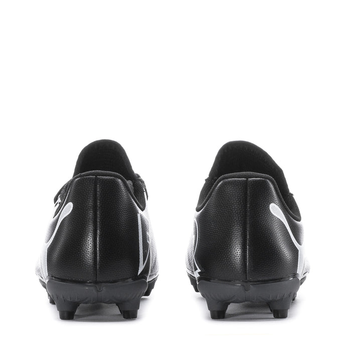 Youth black soccer cleat heel view with white Puma logo and molded studs