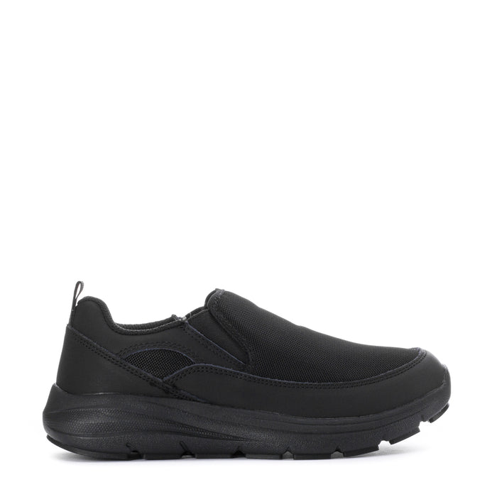 Black slip-on women's walking shoe with elastic collar and round toe.