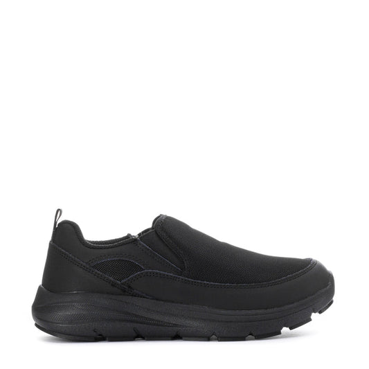 Black slip-on women's walking shoe with elastic collar and round toe.