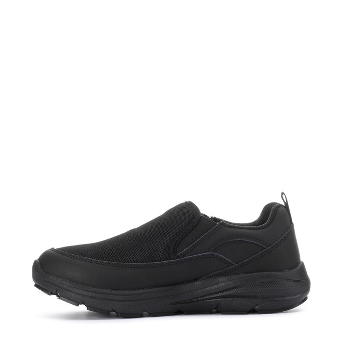 Black slip-on shoe, side view, padded collar and lace panel detail.