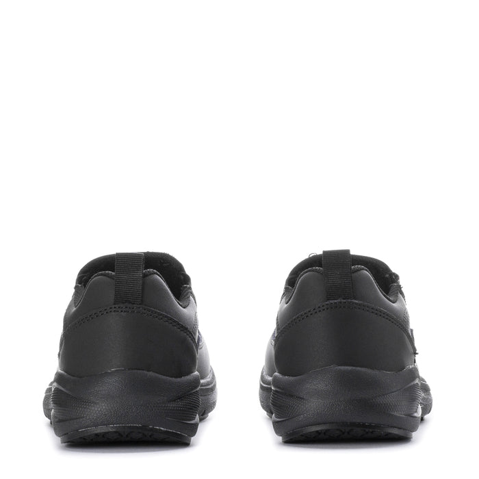 Black slip-on shoe heel view with padded back and outsole traction.