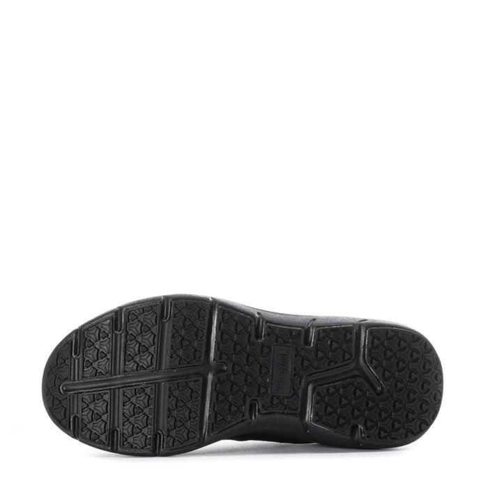 Black outsole with patterned traction tread on slip-on shoe.