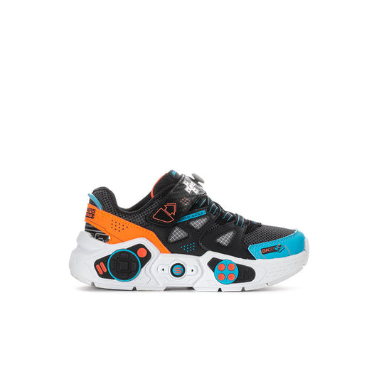 Kids black chunky sneakers with blue and orange accents, hook-and-loop strap