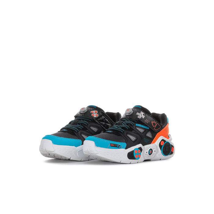 Kids black and teal chunky sneakers with orange trim and lace-up design