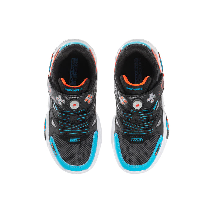 Kids black mesh sneakers with blue laces and orange heel accents