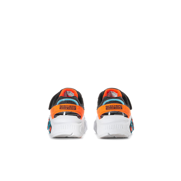 Kids black sneakers with orange heel pull tabs and white cushioned sole