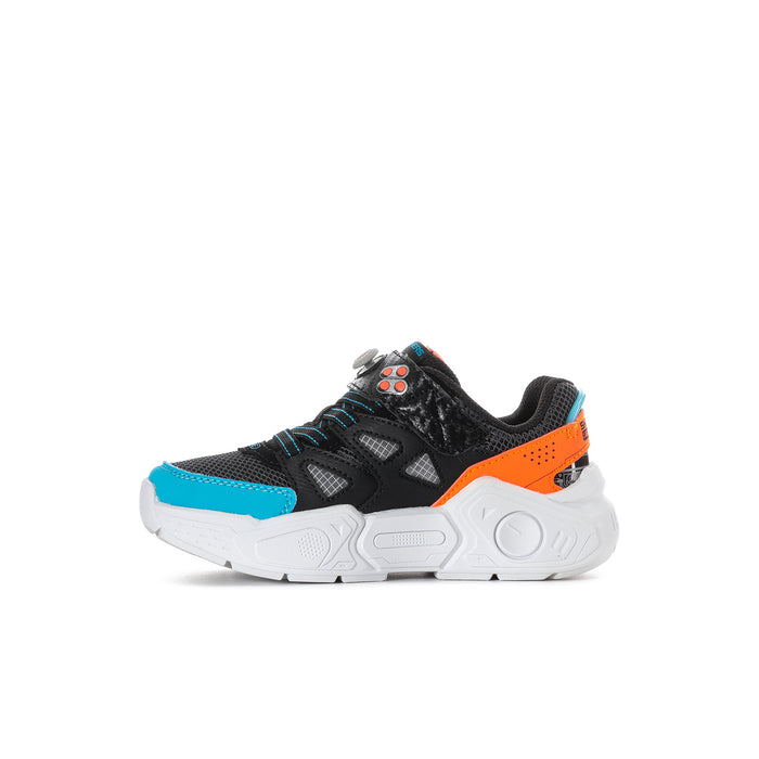 Kids black chunky sneakers with orange side panel, blue trim, and white sole