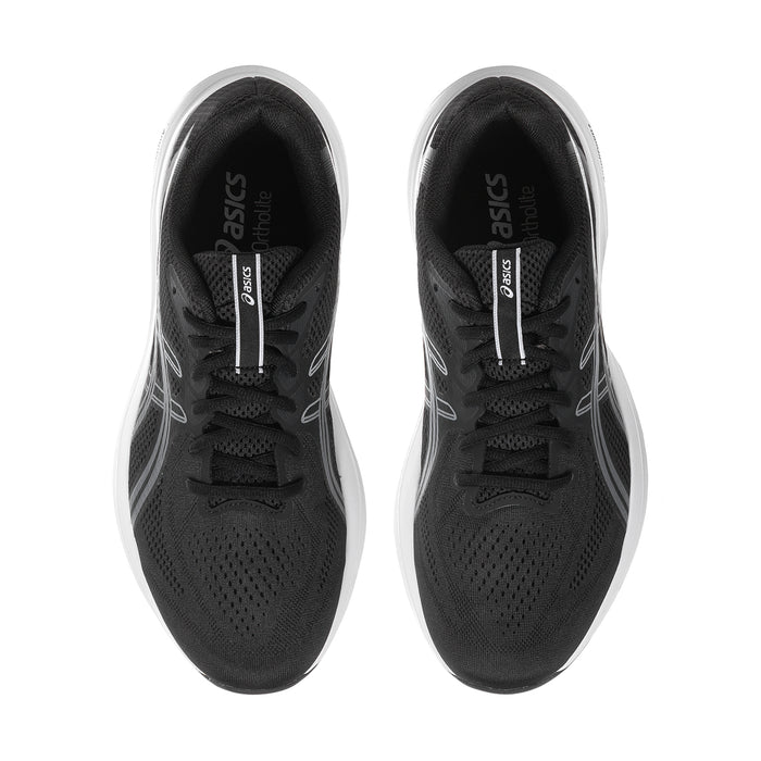 Men's black lace-up running shoes, top view with perforated mesh upper