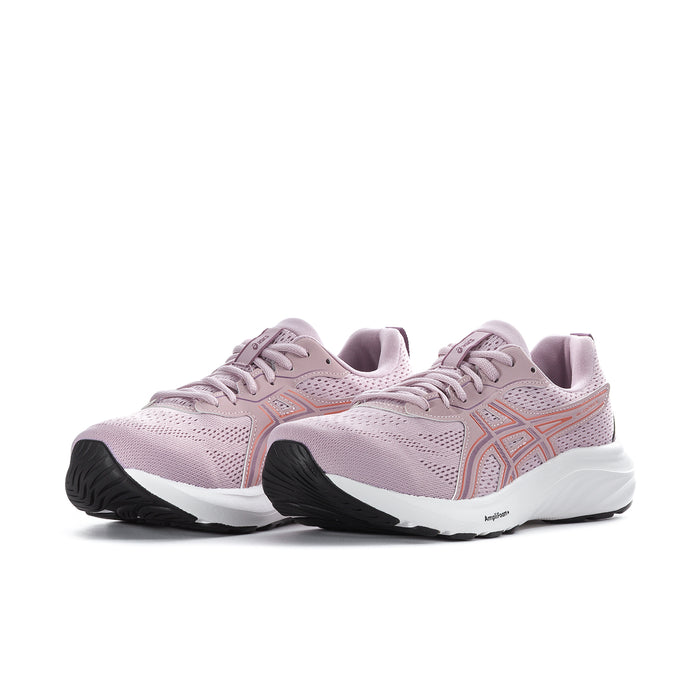 Pair of women's running shoes, light mauve uppers with orange side graphics and white sole