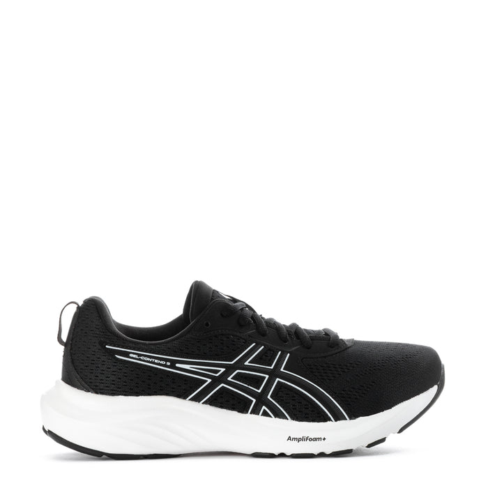 Women's black mesh running shoes with white Asics stripes and white midsole
