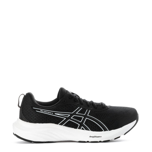 Women's black mesh running shoes with white Asics stripes and white midsole