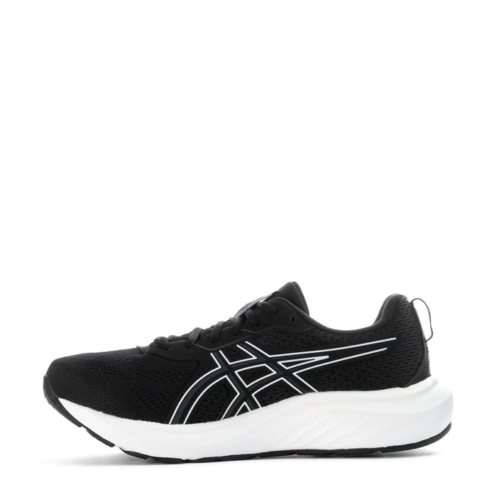 Women's black mesh running shoe with white side stripes and thick white sole
