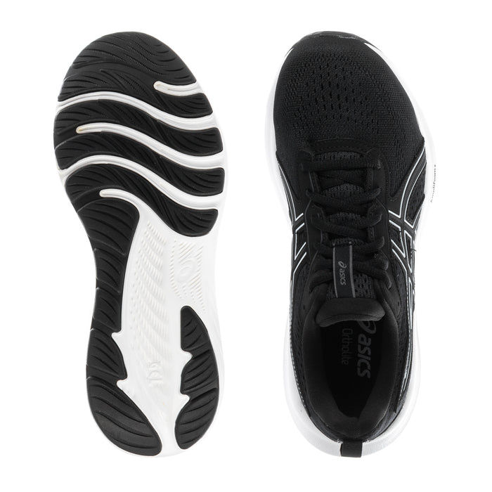 Women's black outsole tread and heel view of lace-up running shoe