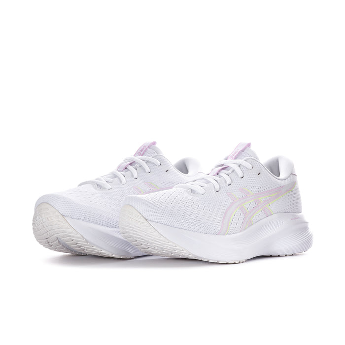 White women’s running sneakers with pastel lilac and rainbow side stripes