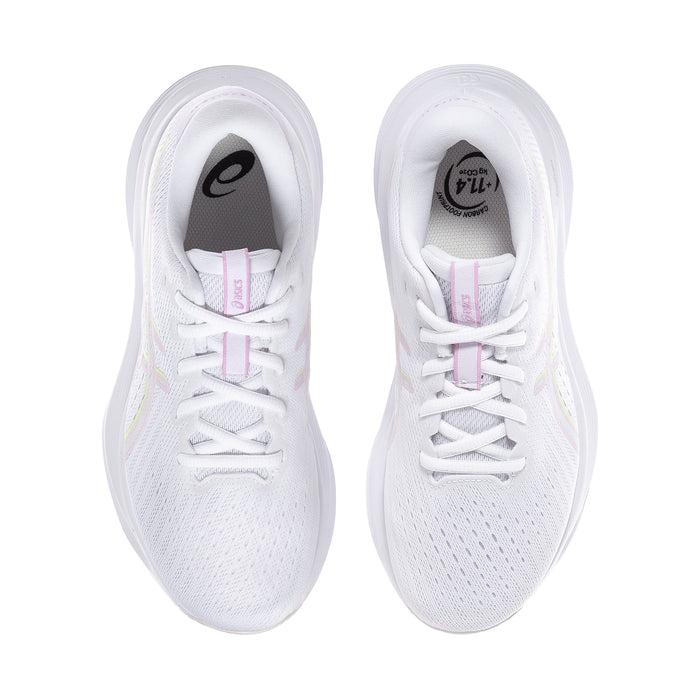White women’s lace-up running shoes with padded collar and lilac detail