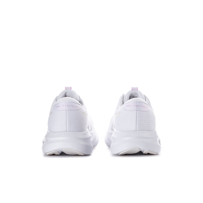 White women’s running shoes showing heel and rear profile with lilac accents