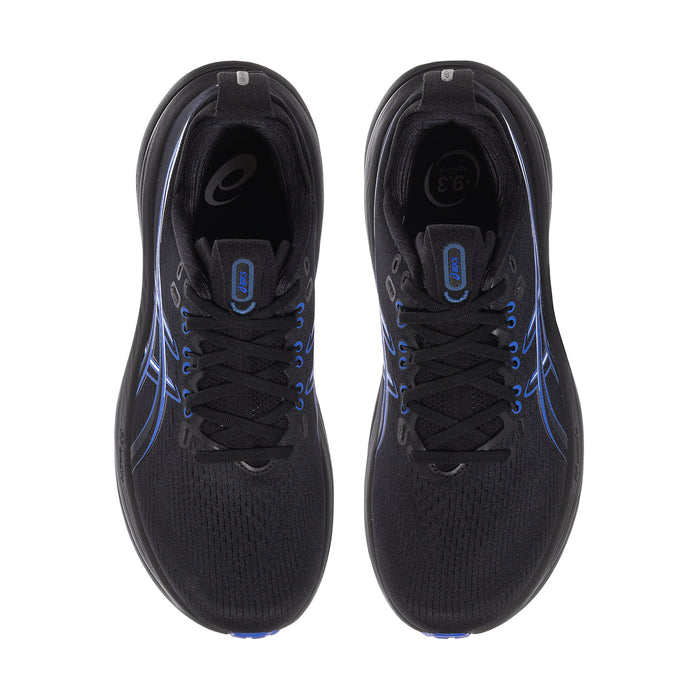 Gel-Nimbus 28 men's running shoes, pair view with black upper and blue logo details