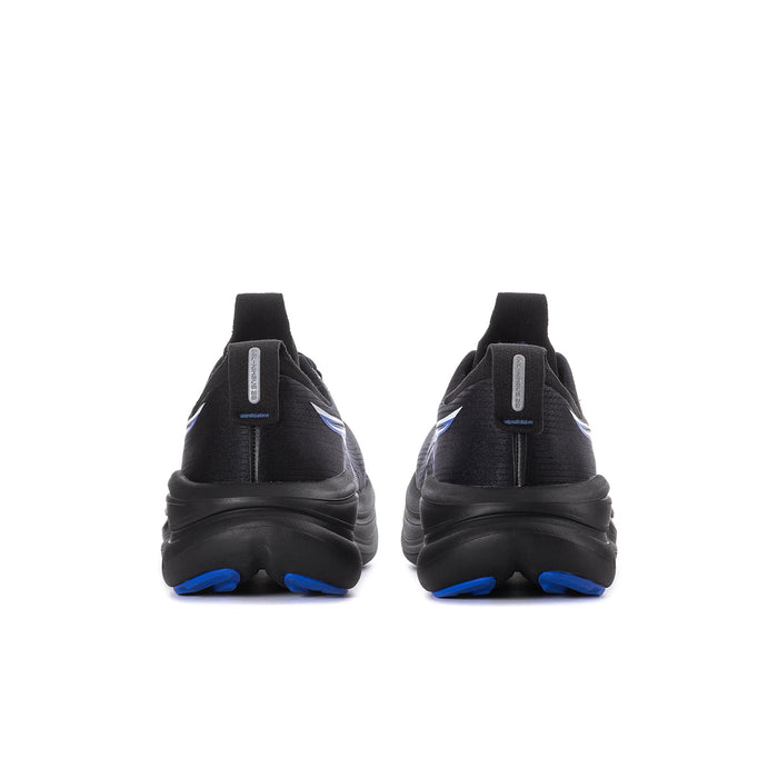 Gel-Nimbus 28 men's running shoes, heel view in black with blue cushioning accents