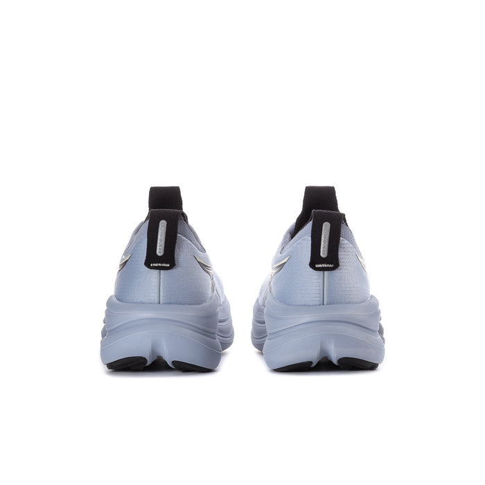Men's running shoes, heel view, light blue with rear pull tab and dark outsole details